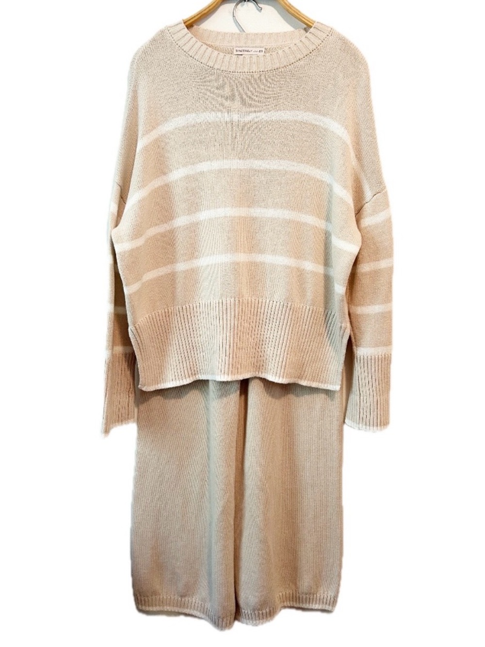 Sincerely Jules Cream and White Cotton Knit Lounge Set Striped Wide Leg - Medium